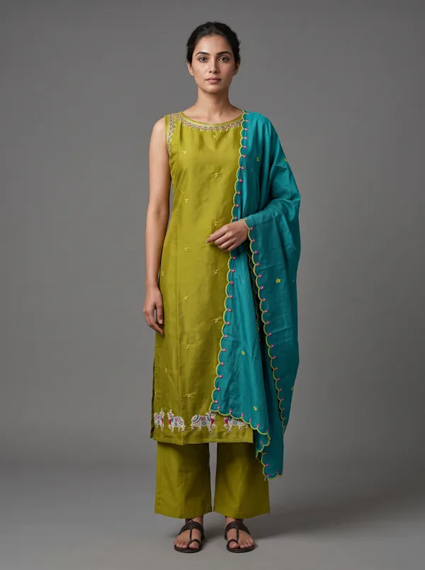 Olive Green Embroidered Kurta Set with Peacock Border