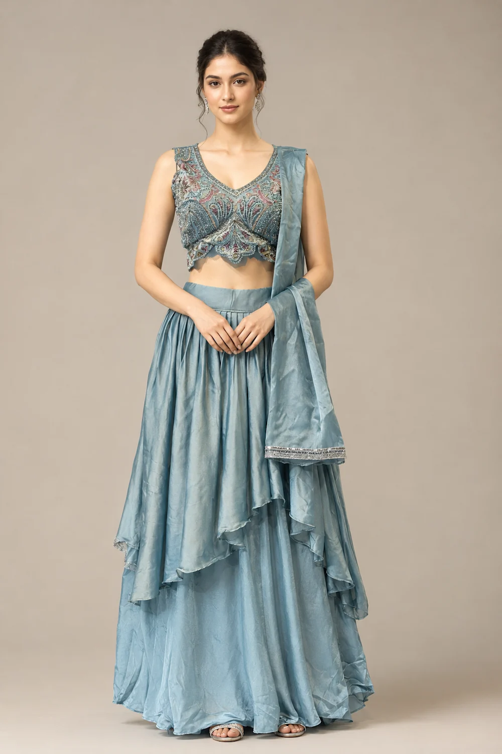 Ice Blue Embroidered Lehenga Set with Draped Dupatta