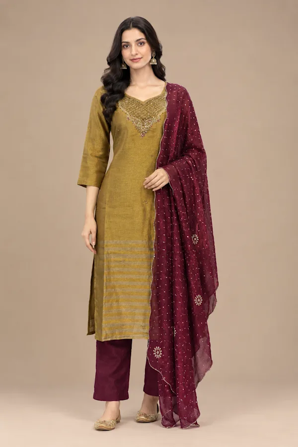 Mustard Gold Kurta Set with Wine Embroidered Dupatta