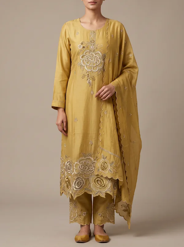 Mustard Gold Embroidered Kurta Set with Floral Border