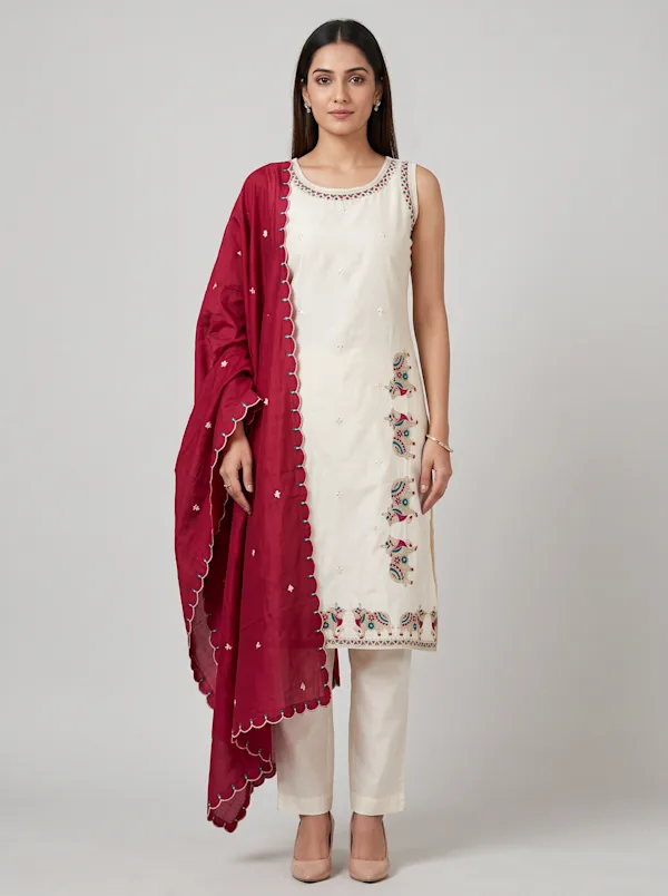 Ivory Embroidered Kurta Set with Rani Pink Dupatta