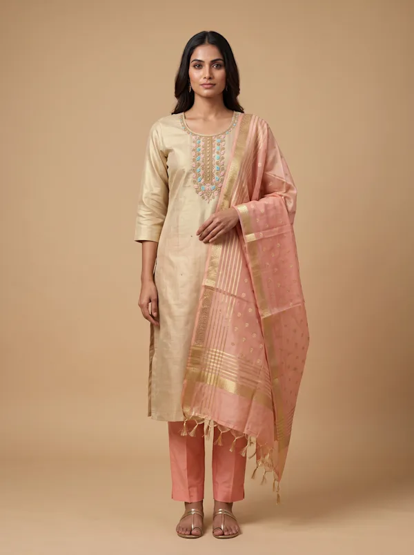 Champagne Gold Kurta Set with Blush Pink Zari Dupatta