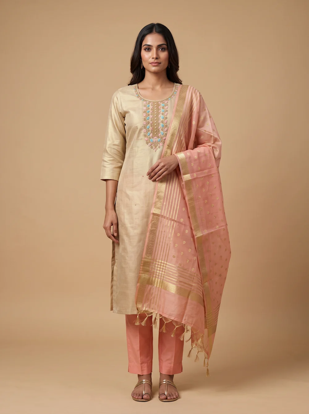 Champagne Gold Kurta Set with Blush Pink Zari Dupatta