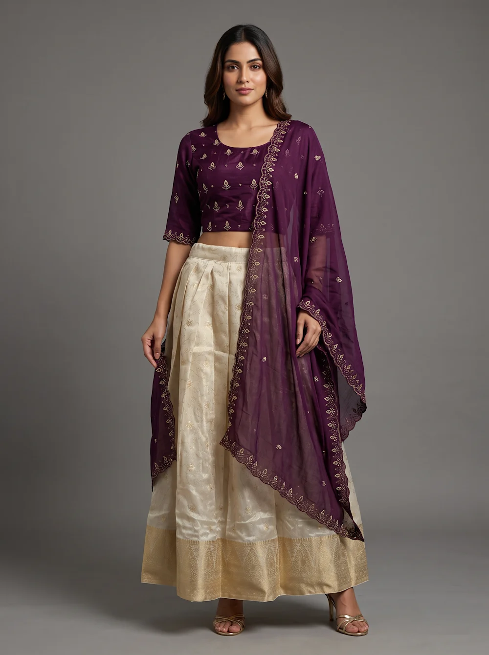 Deep Plum & Ivory Embroidered Lehenga Set with Draped Dupatta