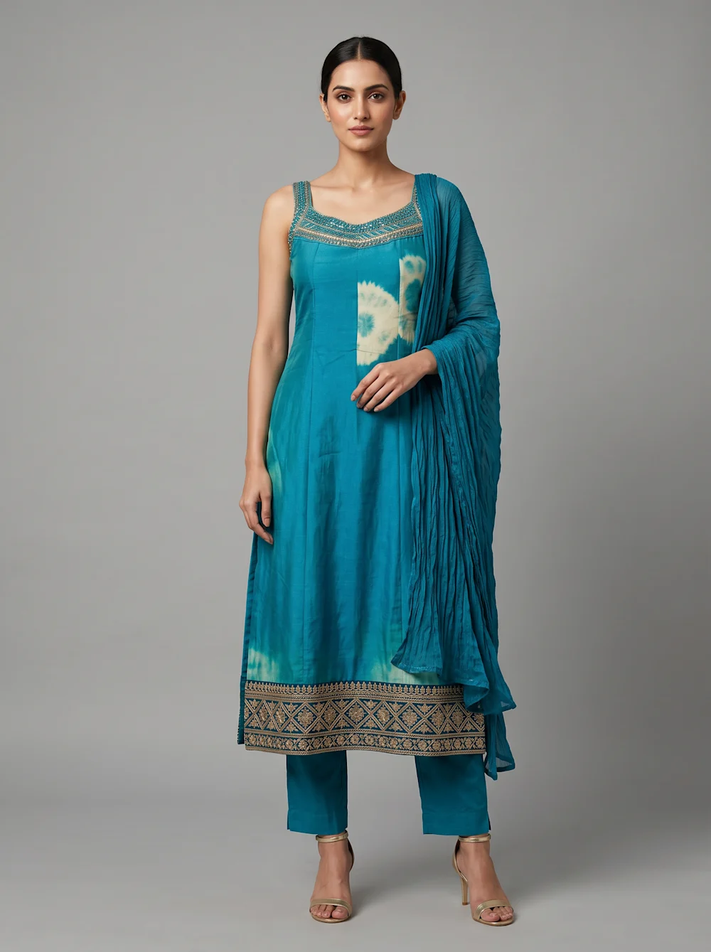Teal Blue Tie-Dye Kurta Set with Dupatta