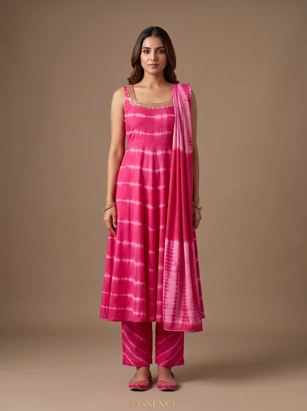 Fuchsia Pink Tie-Dye Kurta Set with Embellished Neckline