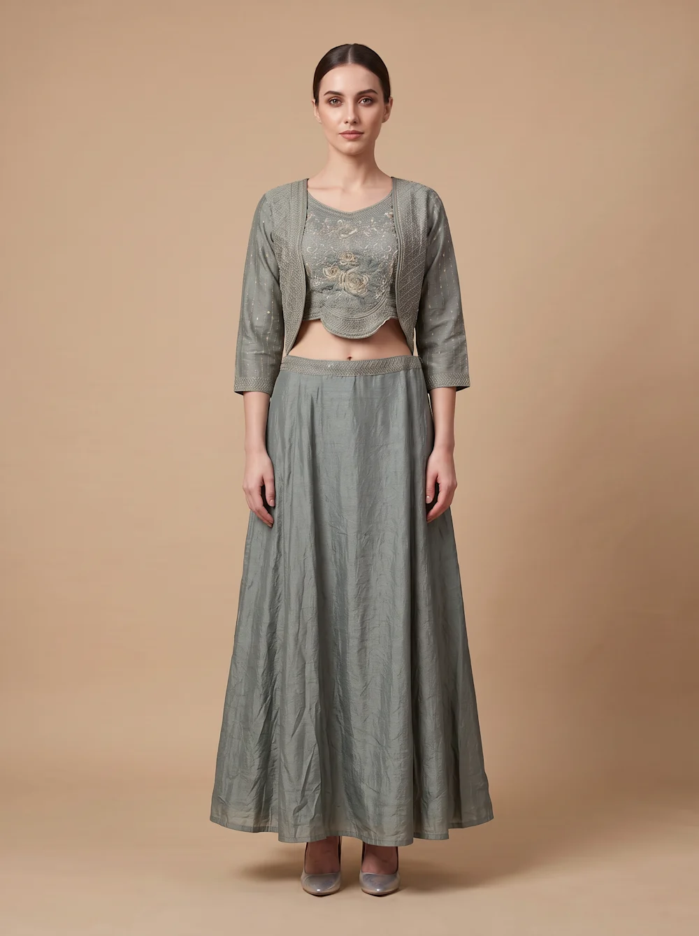 Sage Green Embroidered Crop Top & Flared Skirt Set