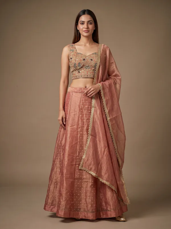 Dusty Rose Embroidered Lehenga Set with Sheer Dupatta