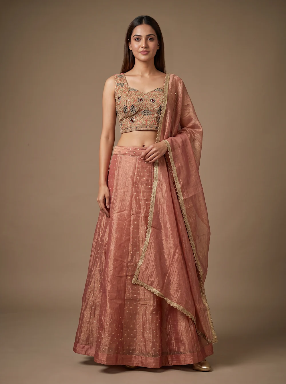 Dusty Rose Embroidered Lehenga Set with Sheer Dupatta