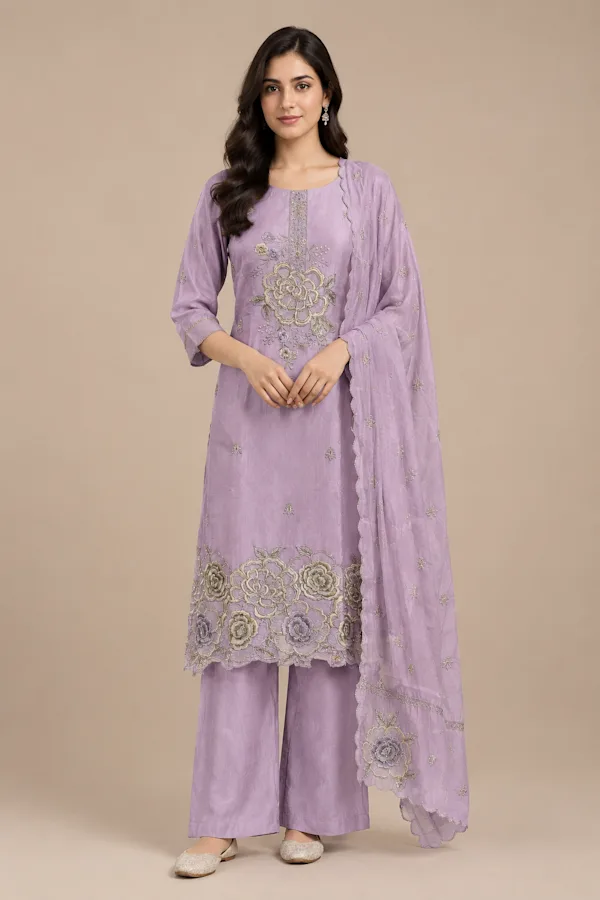 Lavender Embroi Dered Handwork Suit