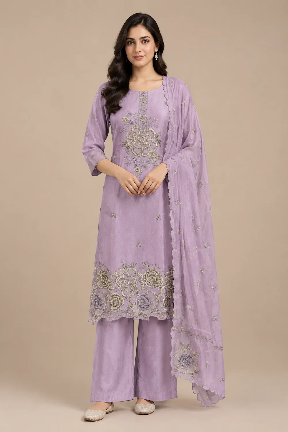 Lavender Embroi Dered Handwork Suit