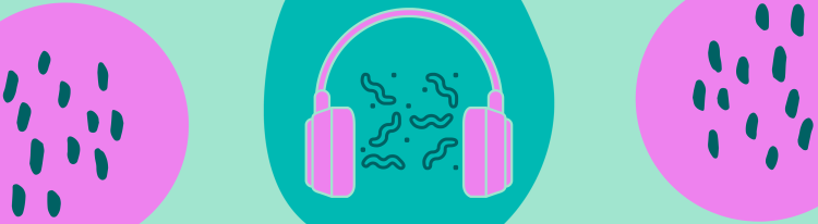 eco podcast image with pink headphones and blue worms with colourful sploges