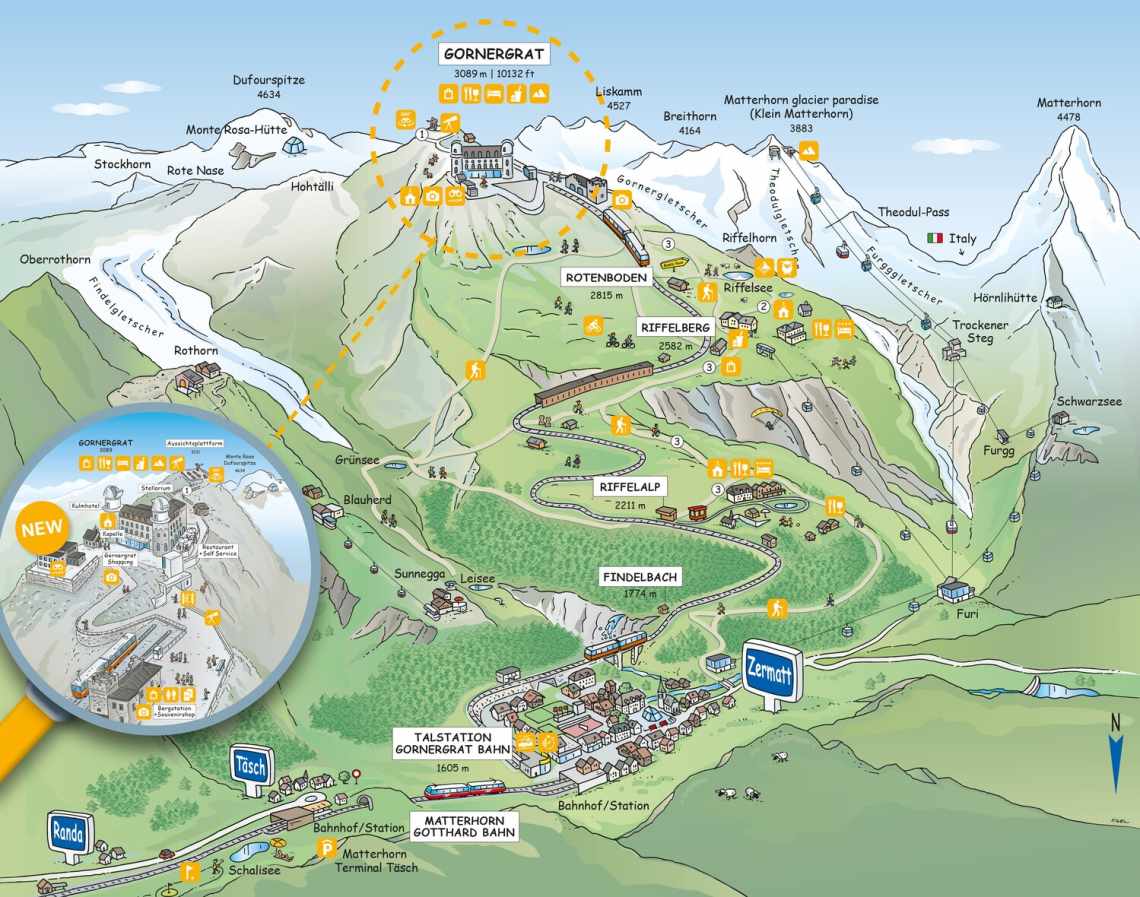 Comic Map of the Gornergrat with Highlights & Points of Interests 