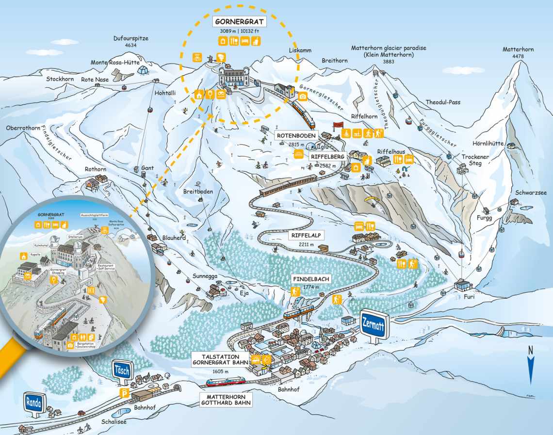 Übersichtskarte Gornergrat im Winter, Zermatt, Schweiz