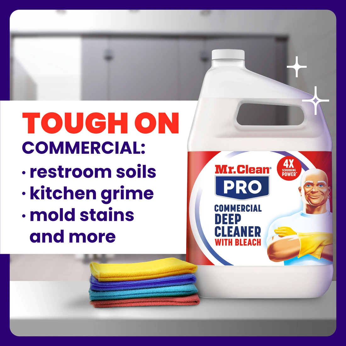 A cardboard box containing six clear spray bottles of Mr. Clean PRO Commercial Deep Cleaner with Bleach. Each bottle is 946 mL (1 QT) or 32 FL OZ and claims "4X POWER". The box is open and features "UP" arrows, the product number "25677", and a barcode.