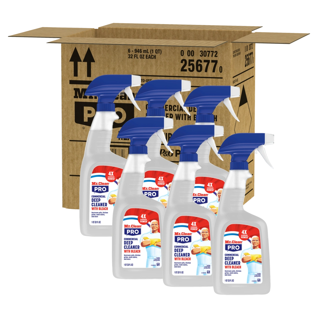 A cardboard box containing six clear spray bottles of Mr. Clean PRO Commercial Deep Cleaner with Bleach. Each bottle is 946 mL (1 QT) or 32 FL OZ and claims "4X POWER". The box is open and features "UP" arrows, the product number "25677", and a barcode.