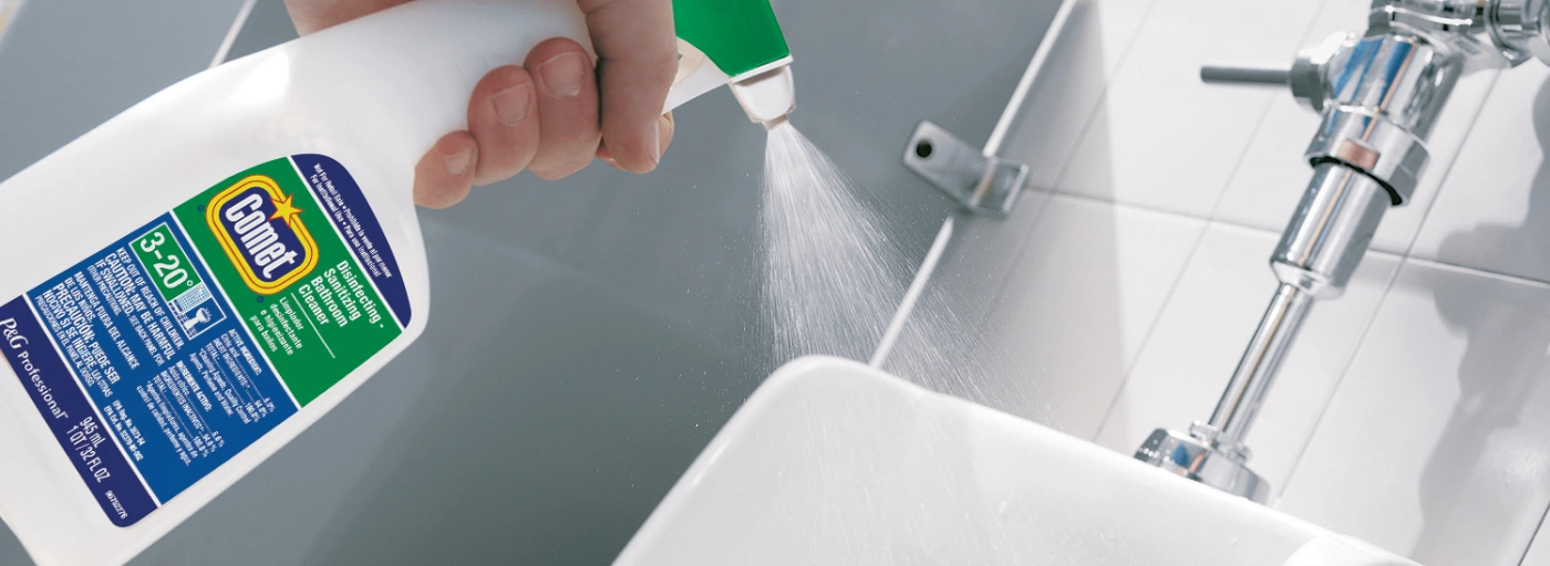 Go one step greater than clean with Comet Disinfecting Bathroom Cleaner