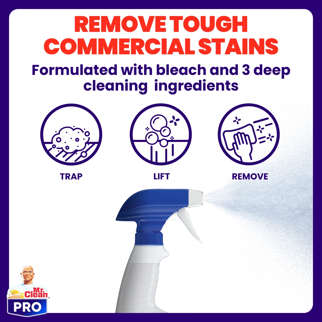 A cardboard box containing six clear spray bottles of Mr. Clean PRO Commercial Deep Cleaner with Bleach. Each bottle is 946 mL (1 QT) or 32 FL OZ and claims "4X POWER". The box is open and features "UP" arrows, the product number "25677", and a barcode.