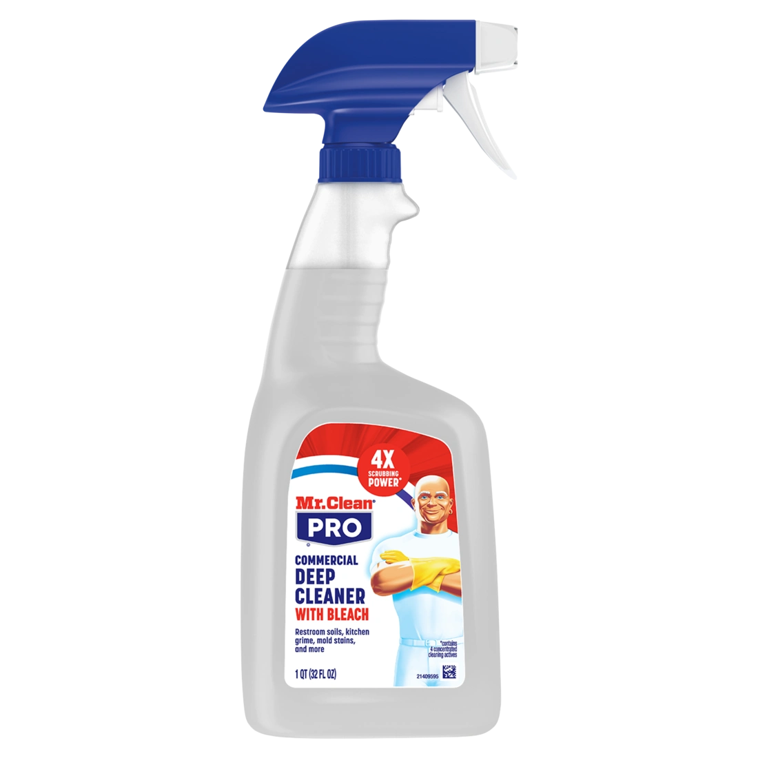 A cardboard box containing six clear spray bottles of Mr. Clean PRO Commercial Deep Cleaner with Bleach. Each bottle is 946 mL (1 QT) or 32 FL OZ and claims "4X POWER". The box is open and features "UP" arrows, the product number "25677", and a barcode.