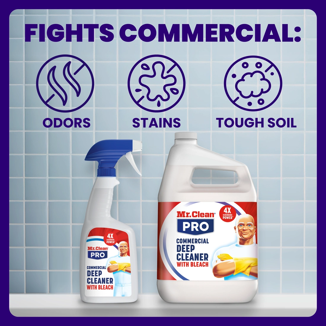 A cardboard box containing six clear spray bottles of Mr. Clean PRO Commercial Deep Cleaner with Bleach. Each bottle is 946 mL (1 QT) or 32 FL OZ and claims "4X POWER". The box is open and features "UP" arrows, the product number "25677", and a barcode.