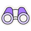 Purple binoculars or field glasses with circular lenses, illustrated in a simple cartoon style with outline.