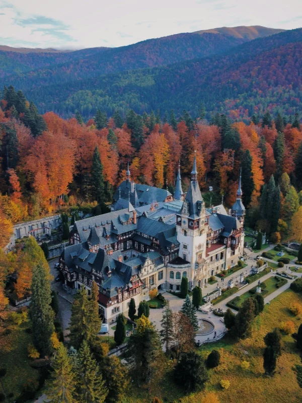 Aerial view of a grand castle with towers surrounded by vibrant autumn forest and mountains in the background.
