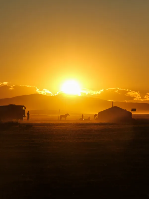 mongolia-Northern Grasslands Nomadic Family Camping Sunset