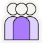 Simple icon showing three people represented as purple and light purple silhouettes standing side by side.