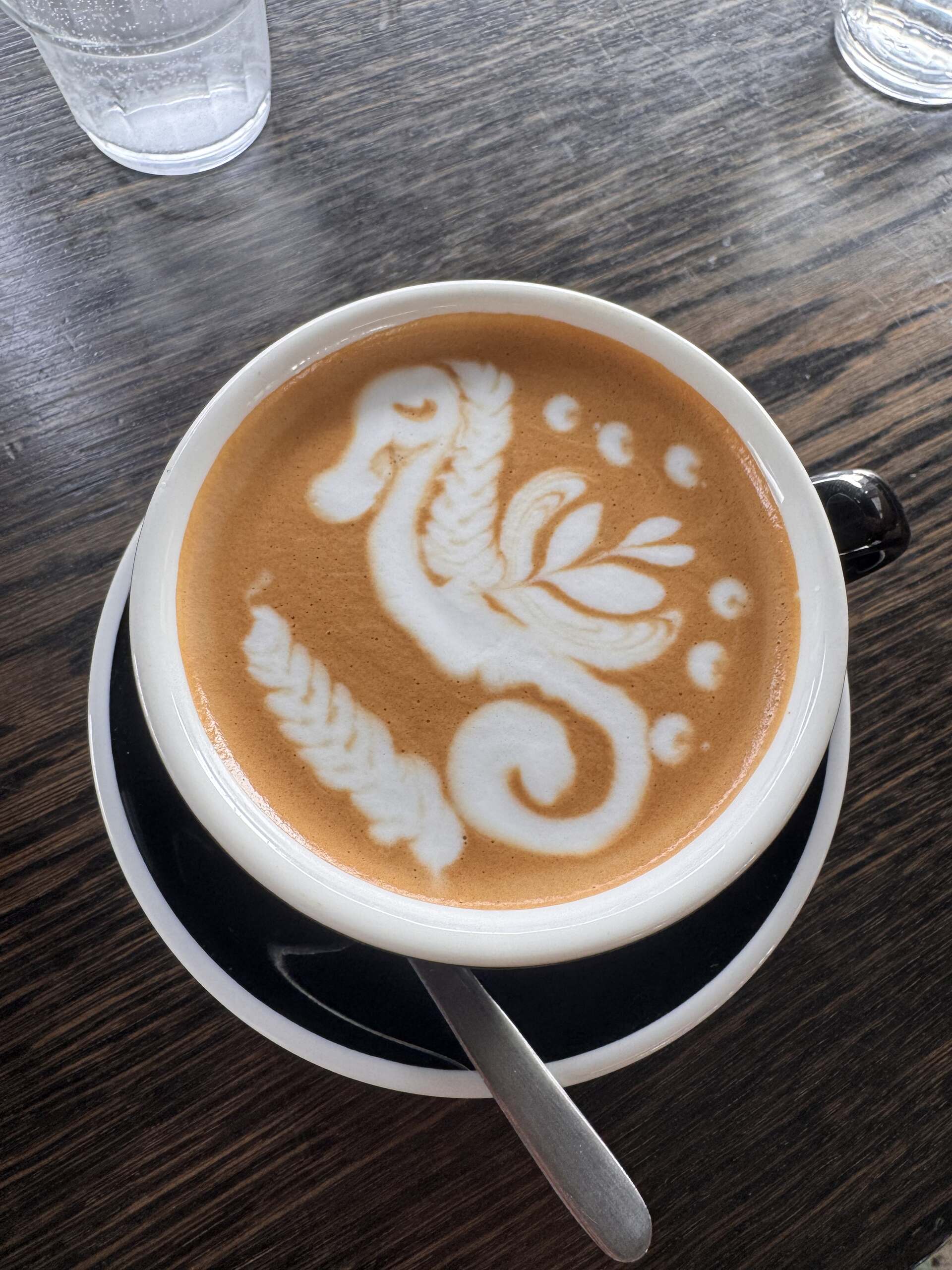 Atomic Coffee A picture of a coffee with a seahorse decoration at Atomic Coffee in Auckland.