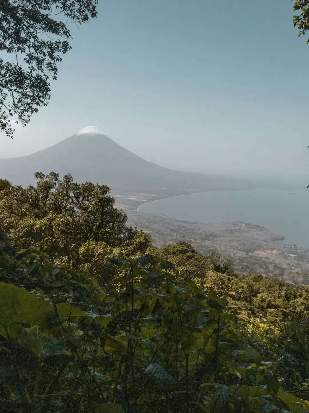 Scenic view of a volcanic mountain with snow-capped peak overlooking a lake, framed by lush green vegetation.