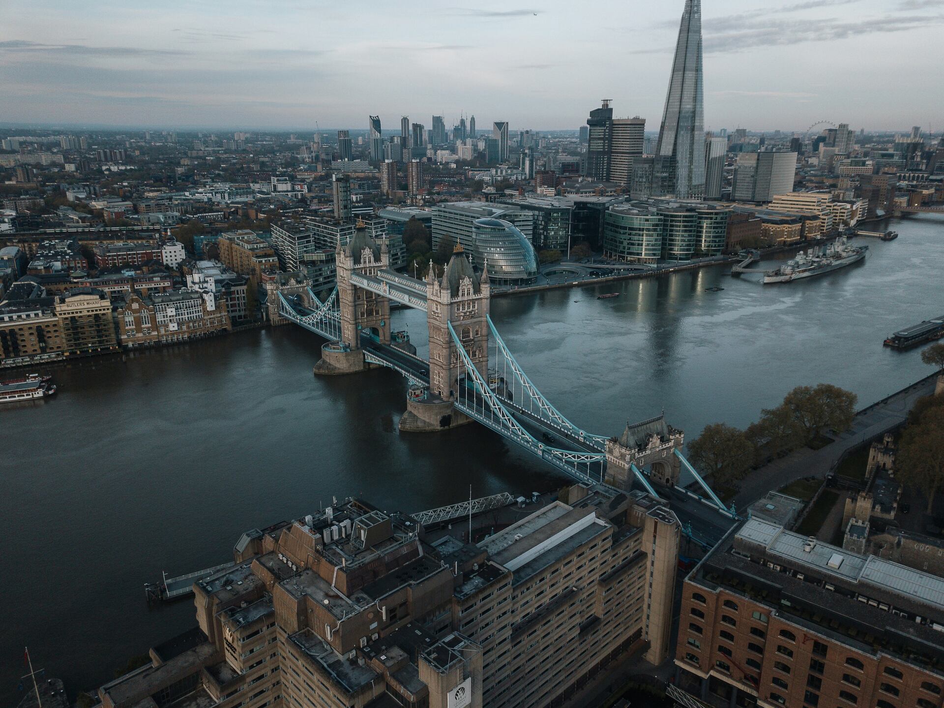An aerial view of Tower Bridge and London.