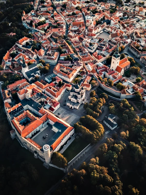 Aerial view of a European old town with orange-red rooftops, historic buildings, winding streets, and surrounding autumn trees.