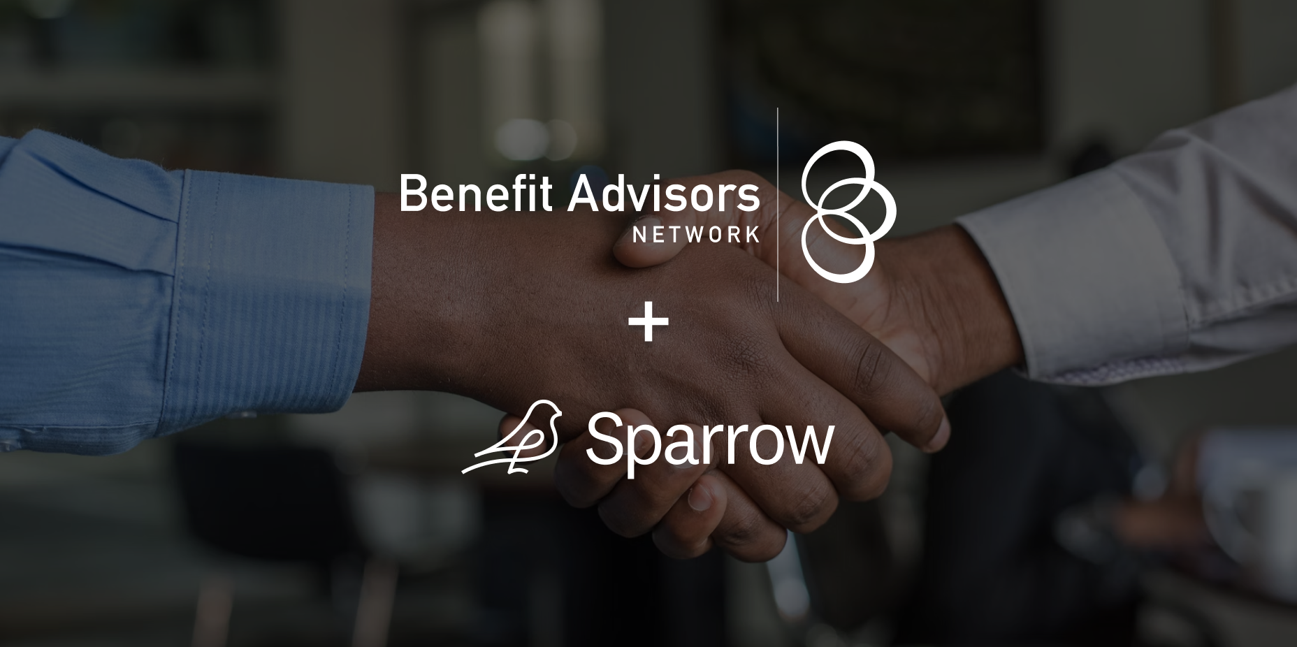 Two individuals shake hands in an office setting, symbolizing a partnership between Benefit Advisors Network (BAN) and Sparrow. The logos of both organizations, representing their commitment to compliance and employee benefits solutions, are prominently displayed in the center of the image.