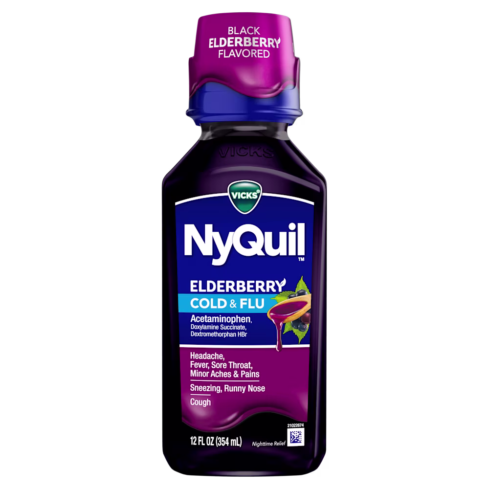 Bottle of Vicks NyQuil Elderberry Cold & Flu liquid medicine with purple cap against black background, 12 fl oz.