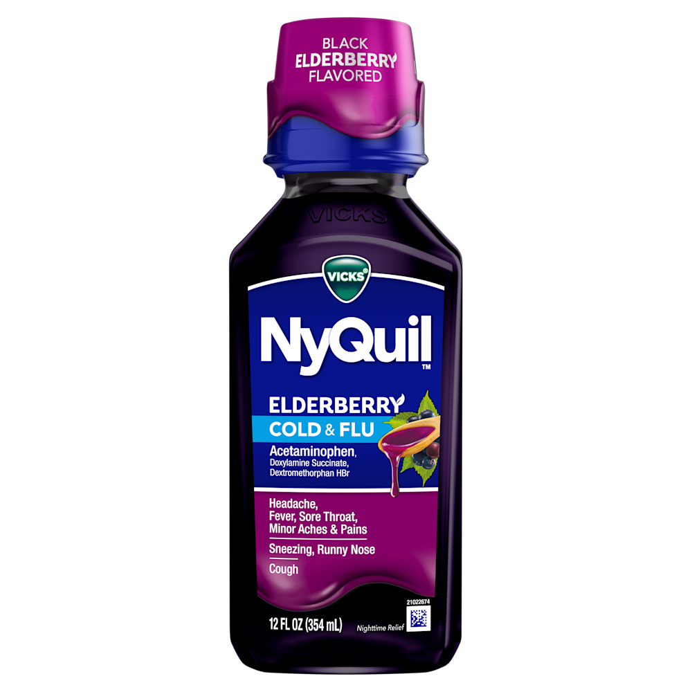 Bottle of Vicks NyQuil Elderberry Cold & Flu liquid medicine with purple cap against black background, 12 fl oz.