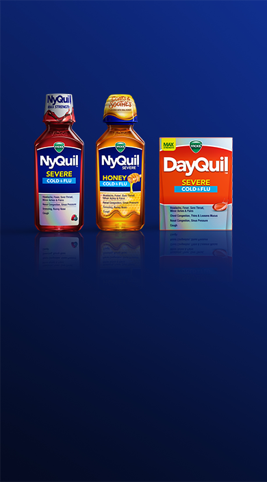 Three Vicks cold medicine products against blue background: NyQuil Severe, NyQuil Honey, and DayQuil Severe.