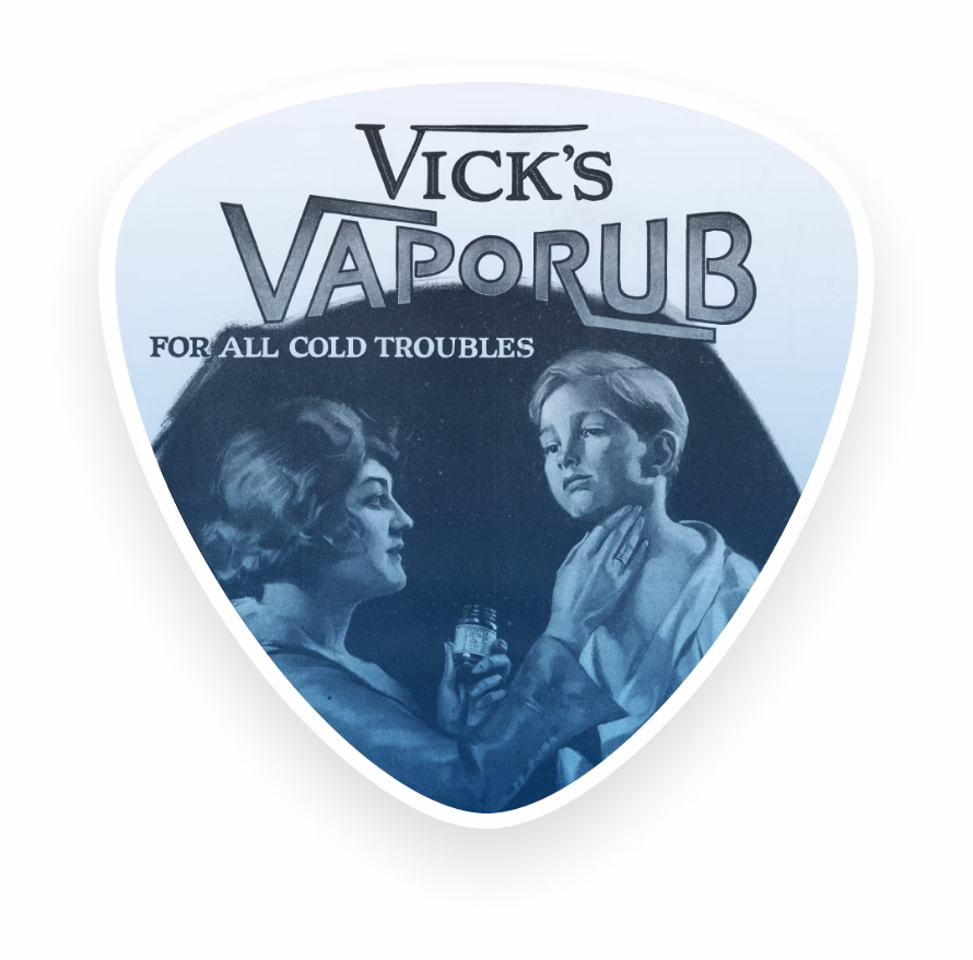 Vintage Vick's VapoRub advertisement showing a woman applying product to a child's throat, with text "FOR ALL COLD TROUBLES"