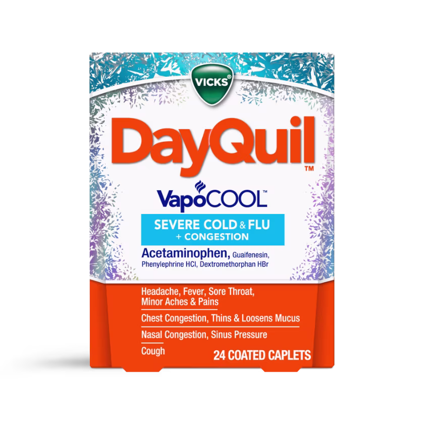 Vicks DayQuil VapoCOOL severe cold and flu medicine box containing 24 coated caplets for congestion and multiple symptoms.