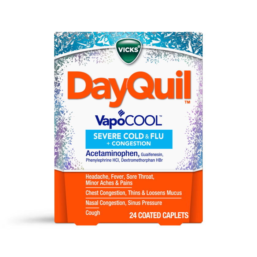 Vicks DayQuil VapoCOOL severe cold and flu medicine box containing 24 coated caplets for congestion and multiple symptoms.