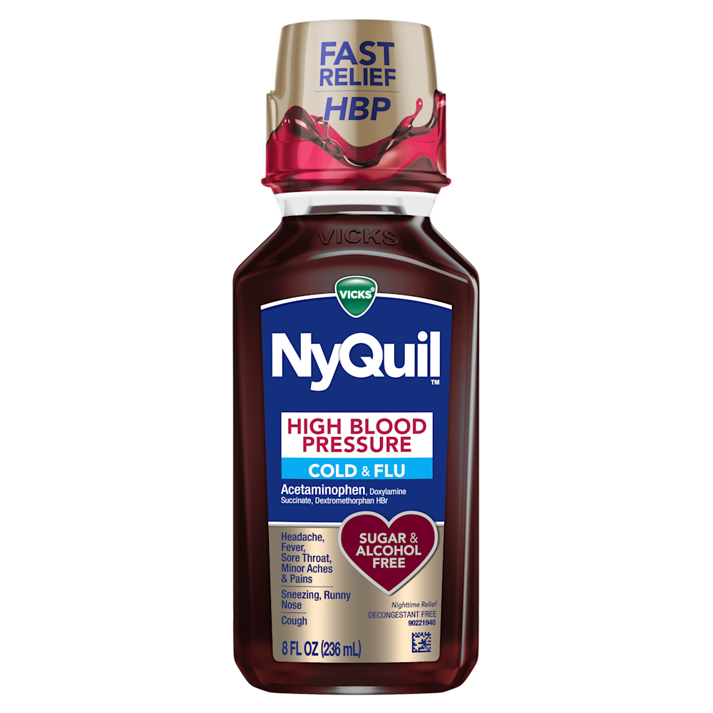 Vicks NyQuil High Blood Pressure Cold & Flu liquid medicine bottle with red liquid, 8 fl oz, sugar and alcohol free.