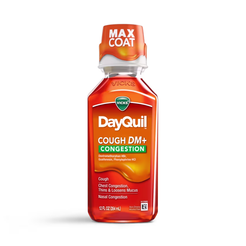 Vicks DayQuil Cough DM+ Congestion liquid medicine in orange bottle with MAX COAT cap, 12 FL OZ (354 mL).