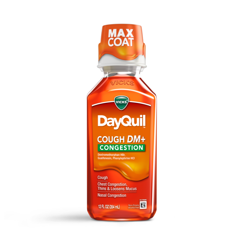 Vicks DayQuil Cough DM+ Congestion liquid medicine in orange bottle with MAX COAT cap, 12 FL OZ (354 mL).