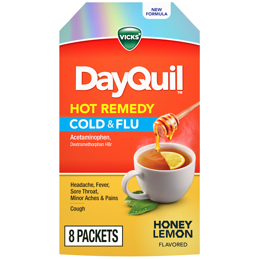Vicks DayQuil Hot Remedy Cold & Flu medicine box showing honey lemon tea with 8 packets for symptom relief.