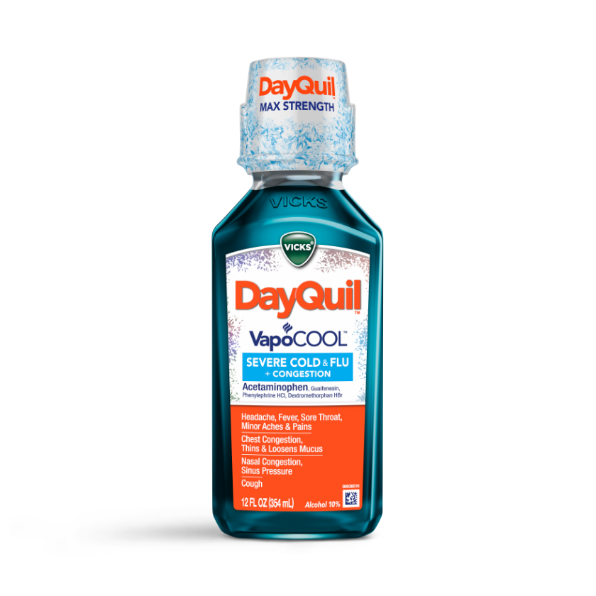 Bottle of Vicks DayQuil VapoCOOL Max Strength liquid medicine for severe cold, flu and congestion symptoms.