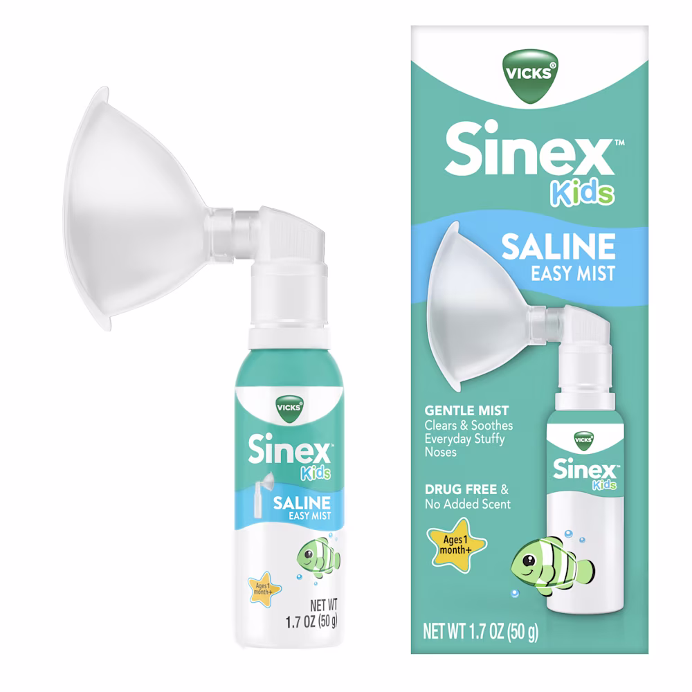 A bottle of Vicks Sinex Kids Saline Easy Mist Kit and its package.