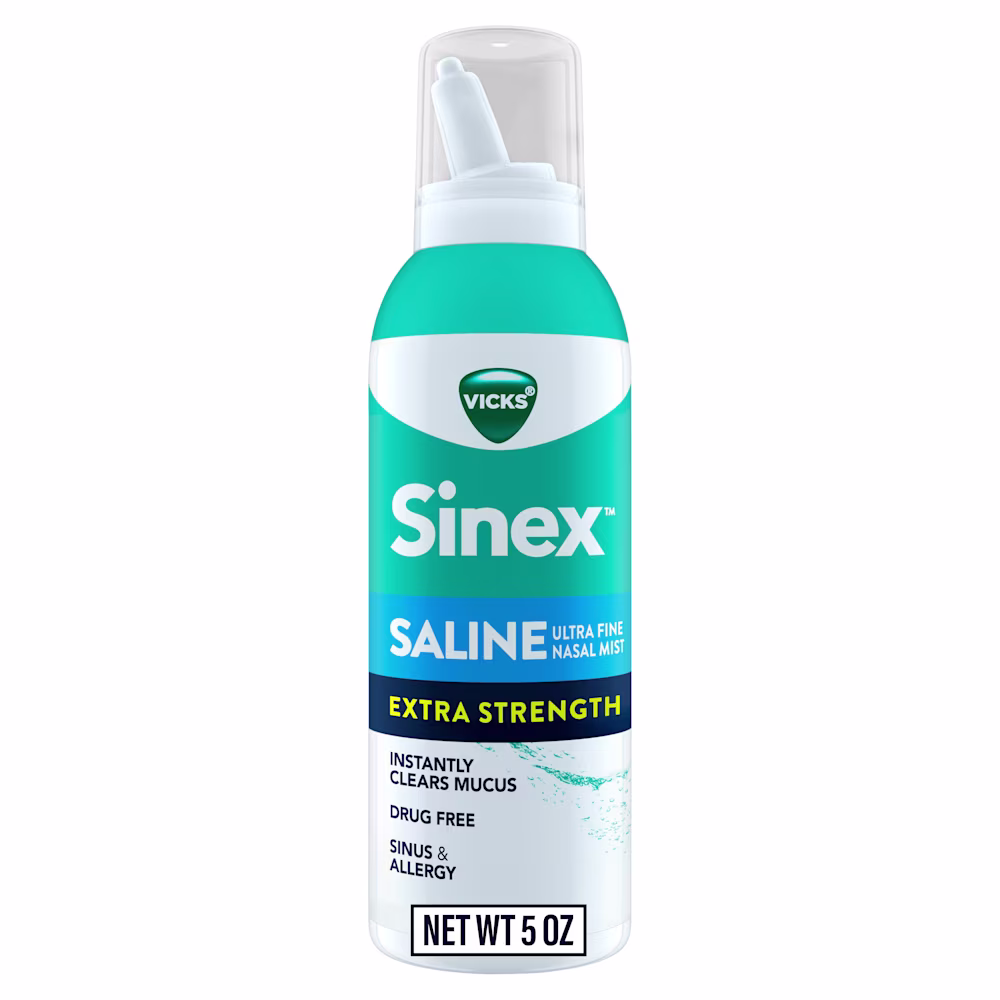 A bottle of Vicks Sinex extra strength saline ultra fine nasal mist.