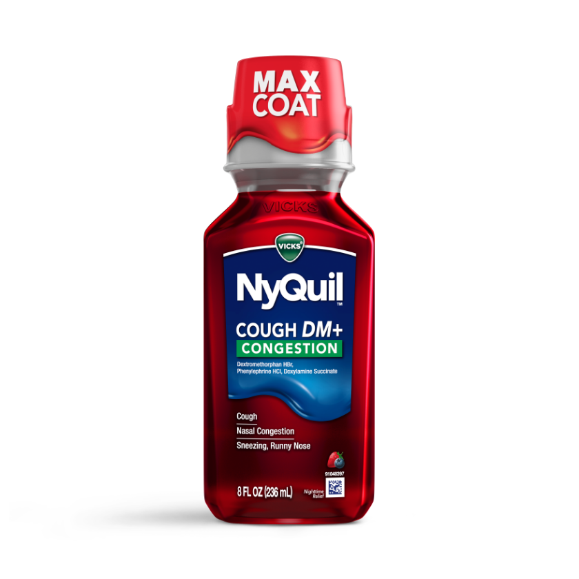Bottle of Vicks NyQuil Cough DM+ Congestion liquid medicine with red MAX COAT cap, 8 fl oz size.