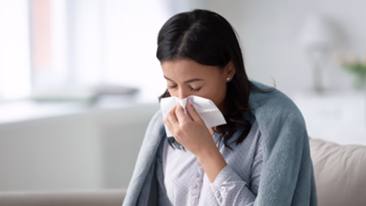 Woman in blue sweater blowing her nose with tissue in bright indoor setting, appearing to have cold symptoms landscape mode.