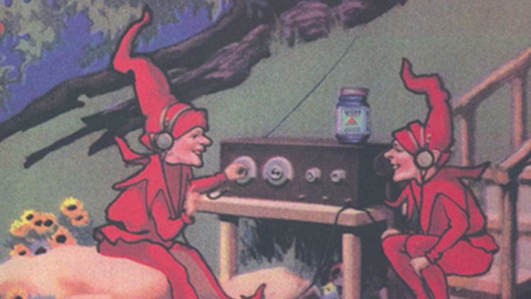 Vintage advertisement showing two cartoon elves in red outfits with headphones operating a radio with Vicks product nearby in landscape mode.