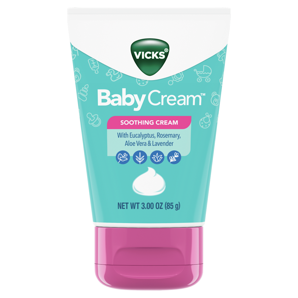 Vicks BabyCream soothing cream in teal and pink tube with eucalyptus, rosemary, aloe vera and lavender, 3 oz.